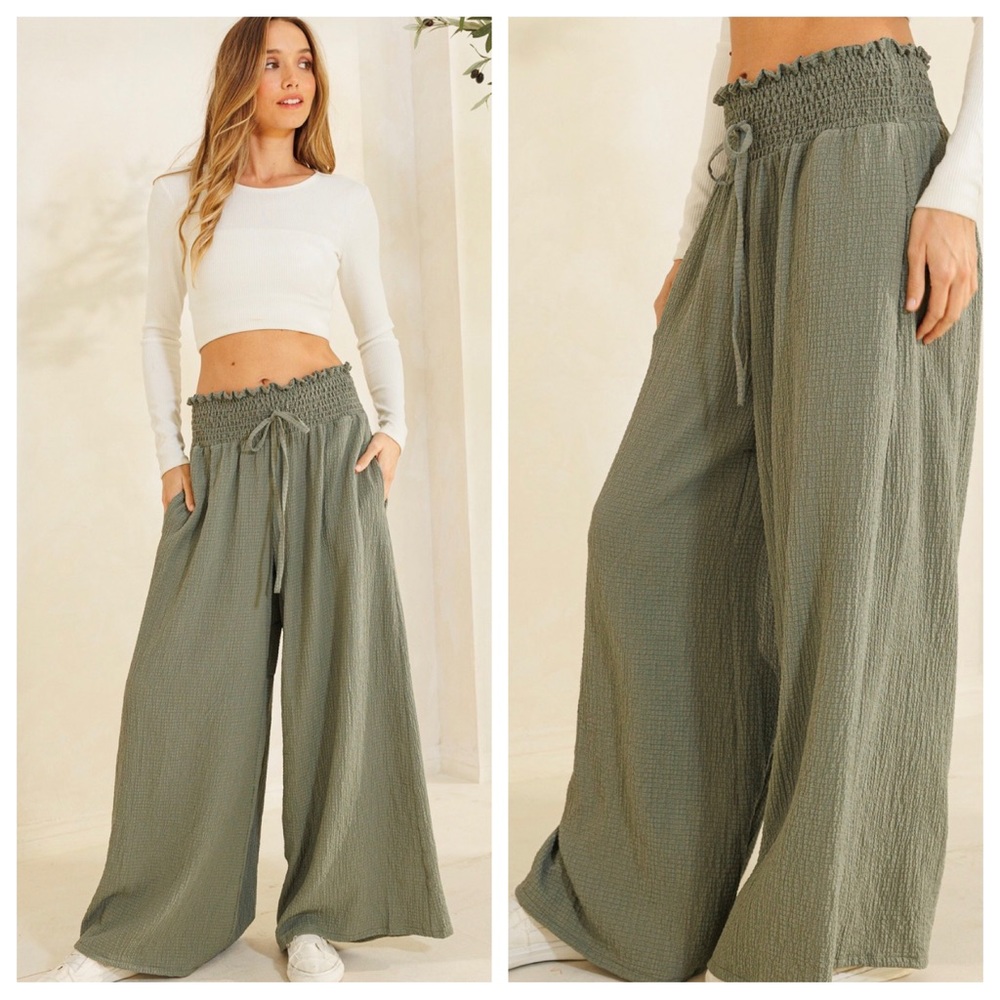 Boho Smocked Waist Wide Leg Pants - Picture 2 of 3